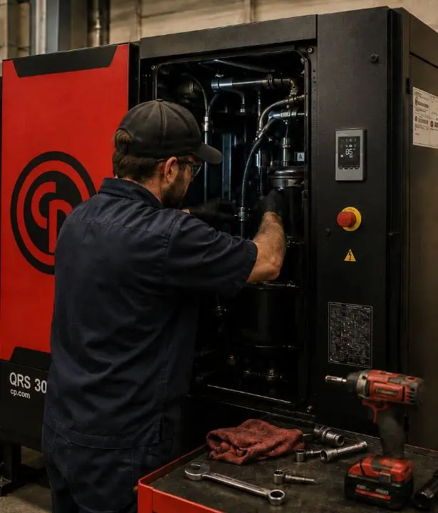 Toolytics technician servicing an open Chicago Pneumatic QRS 30 rotary screw compressor