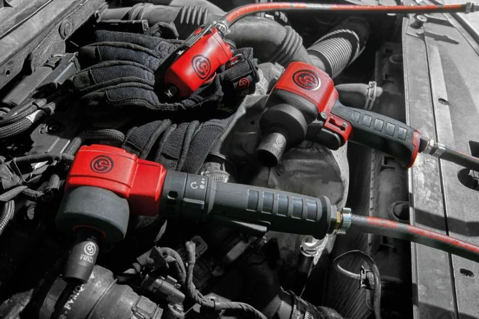Chicago Pneumatic impact wrenches and air tools in an automotive service bay