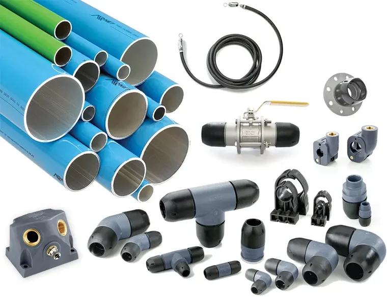 AIRnet aluminum compressed air piping with fittings, valves, and connectors